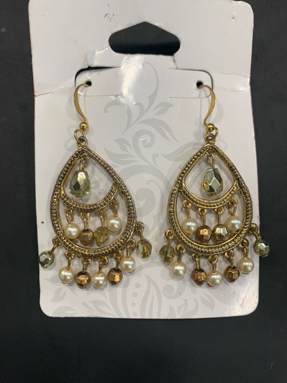 Gold Teardrop Dangle Earrings with Pearl and Faceted Beads